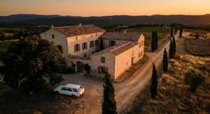 Vue aerienne d'une bastide provencale au coucher du soleil, une Peugeot 504 break blanche garee dans l'ombre