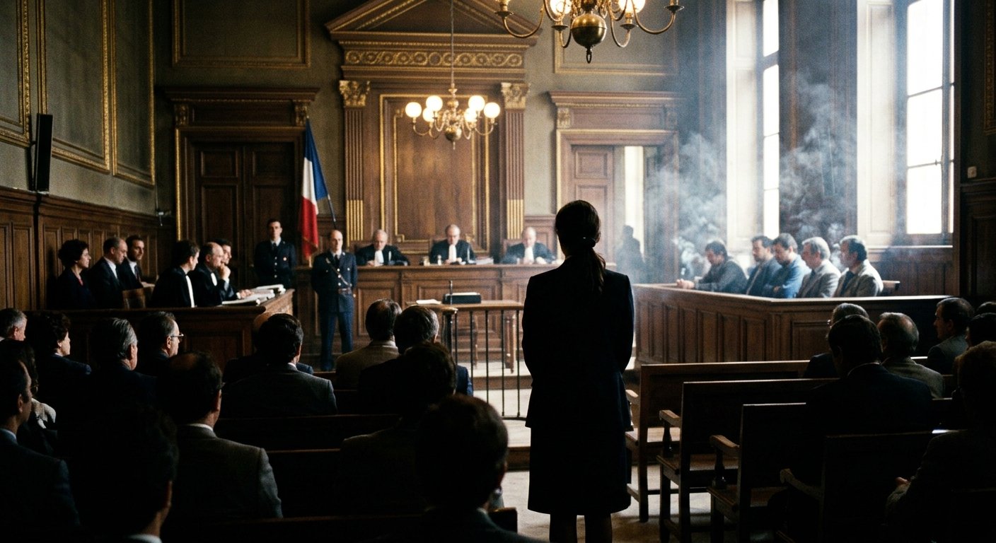 Cour d'assises Aix 1985, box des accusés, Marina Massié de dos