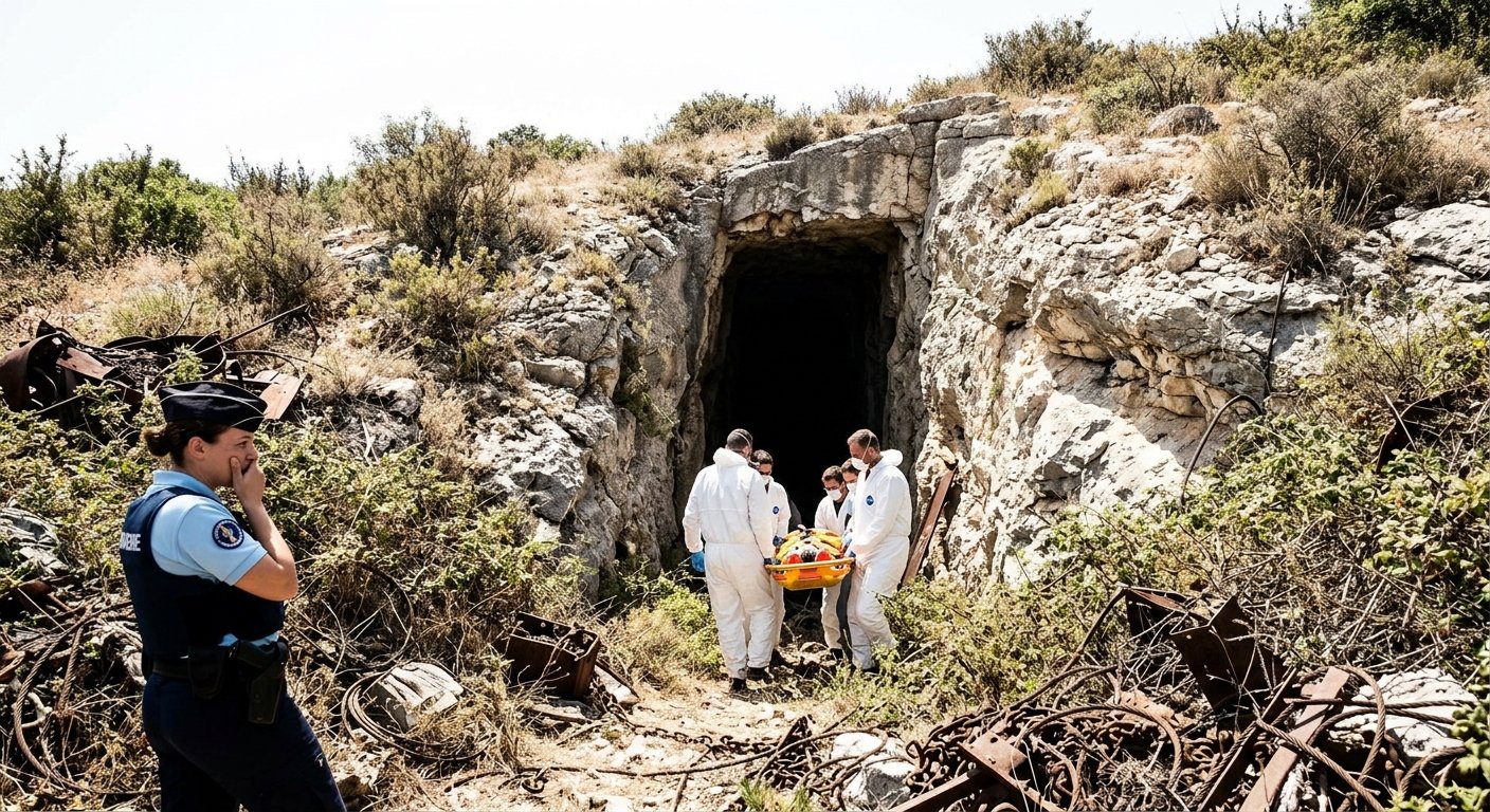 Puits de mine des Mayons, civière, gendarme, ciel blanc écrasant