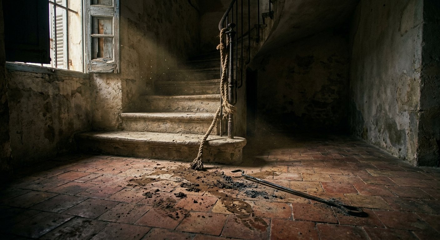 Escalier de pierre, corde à la rampe, tisonnier tordu, pénombre jaunâtre