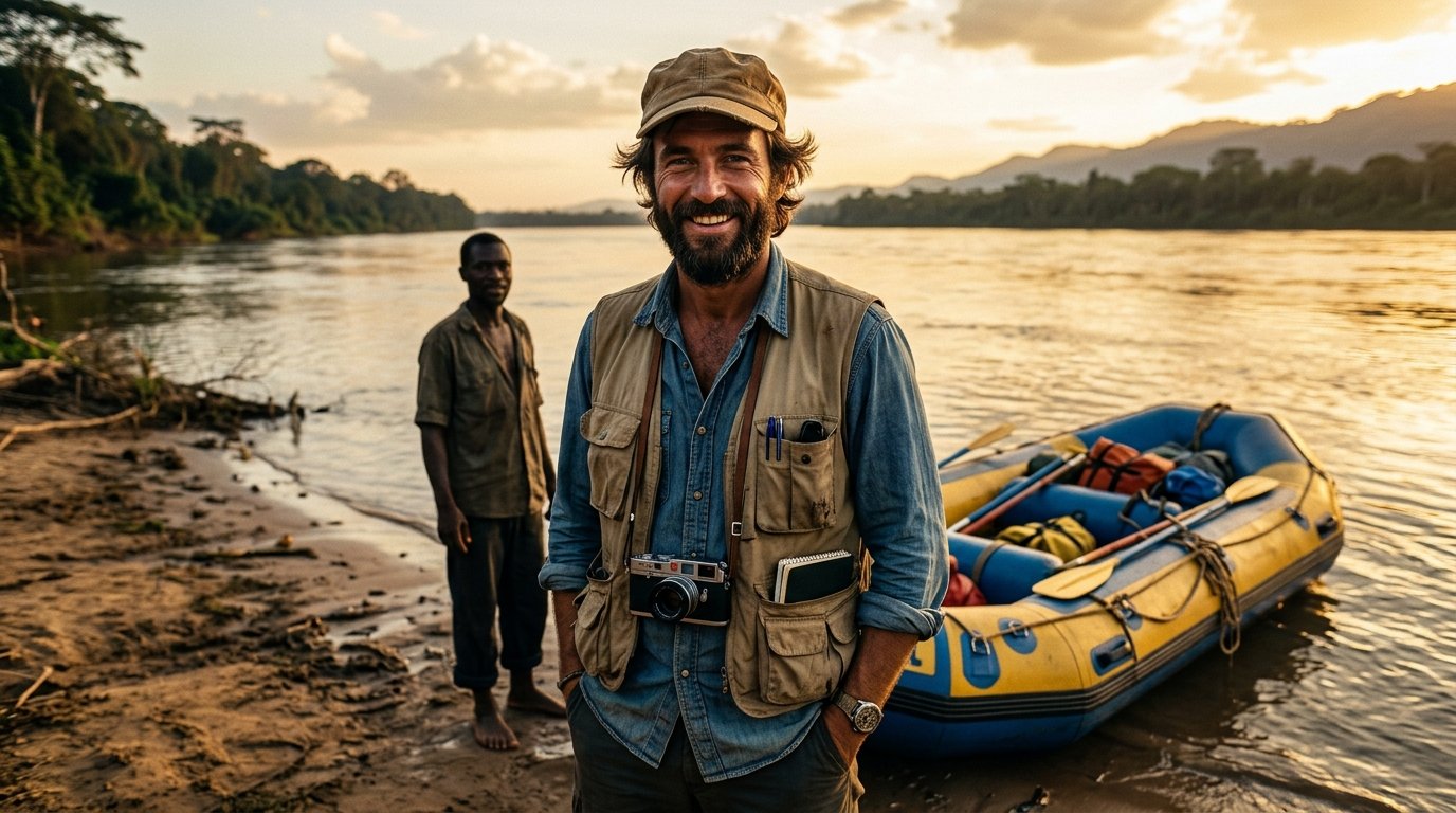 Portrait de Philippe de Dieuleveult en tenue d'aventurier, sourire charismatique, devant un cataraft sur les rives du fleuve Zaïre, années 1980