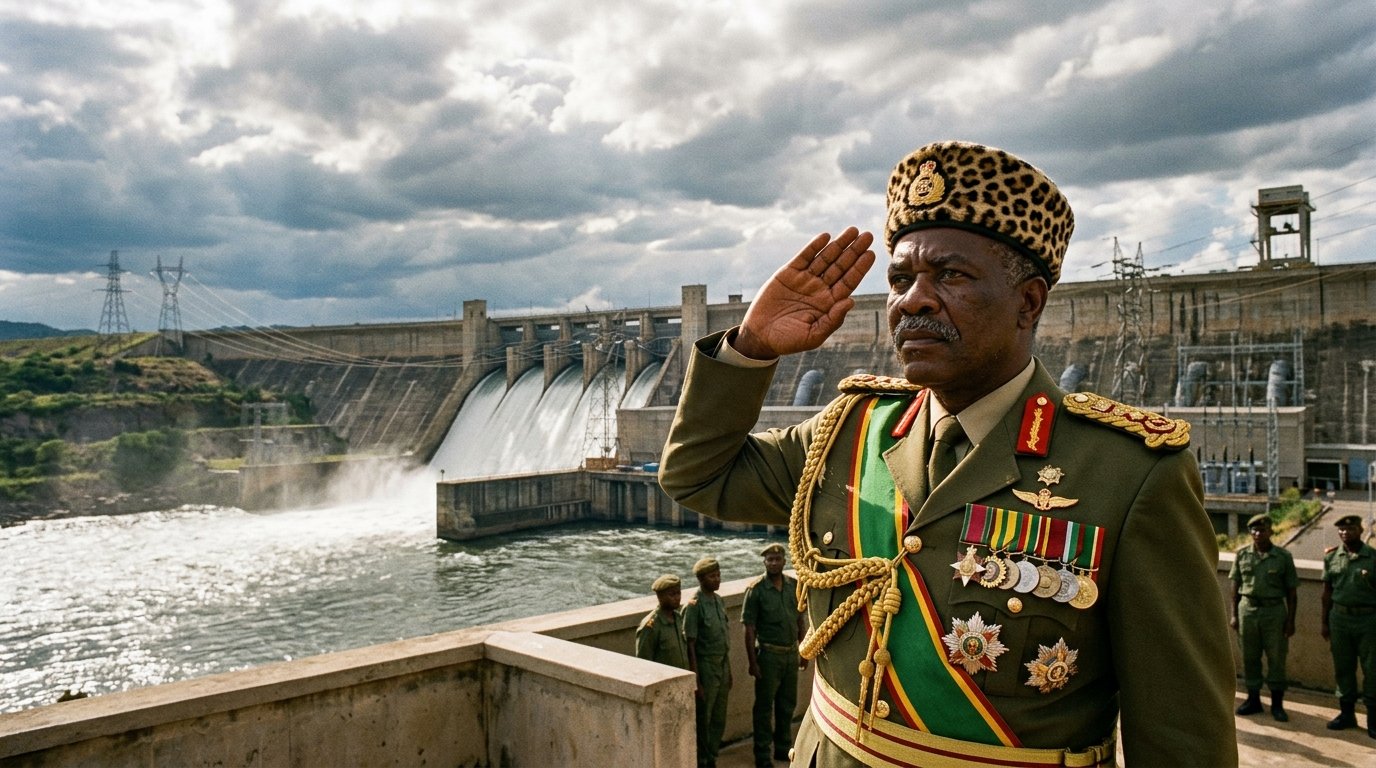 Dirigeant militaire africain en uniforme de cérémonie saluant devant un barrage hydroélectrique massif, Afrique des années 1980