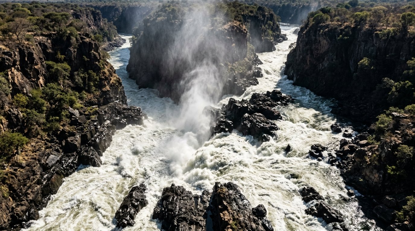 Les rapides d'Inga, mur d'eau colossal et écume blanche sur le fleuve Zaïre, une force de la nature écrasante