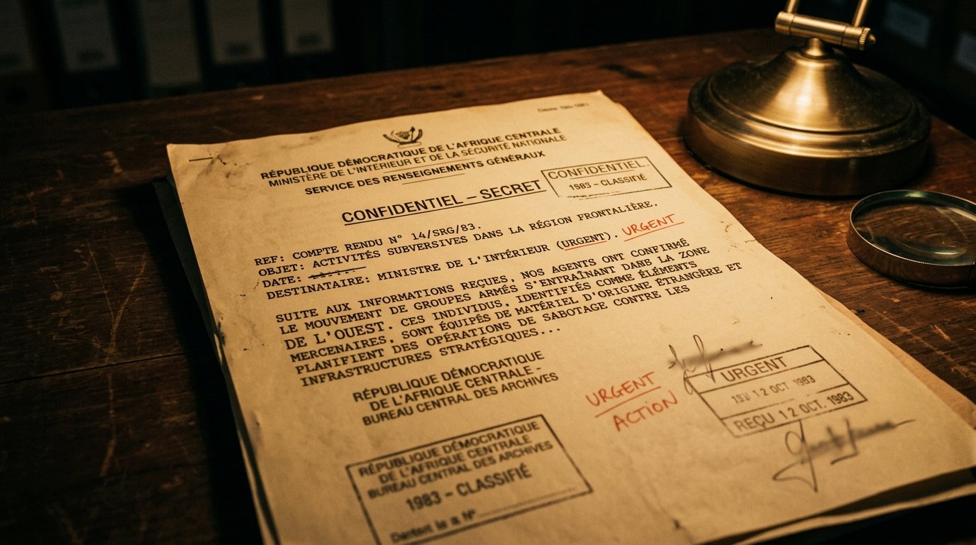 Document d'archive officiel avec en-tête de la République du Zaïre, tampons et signature, procès-verbal d'audition classifié