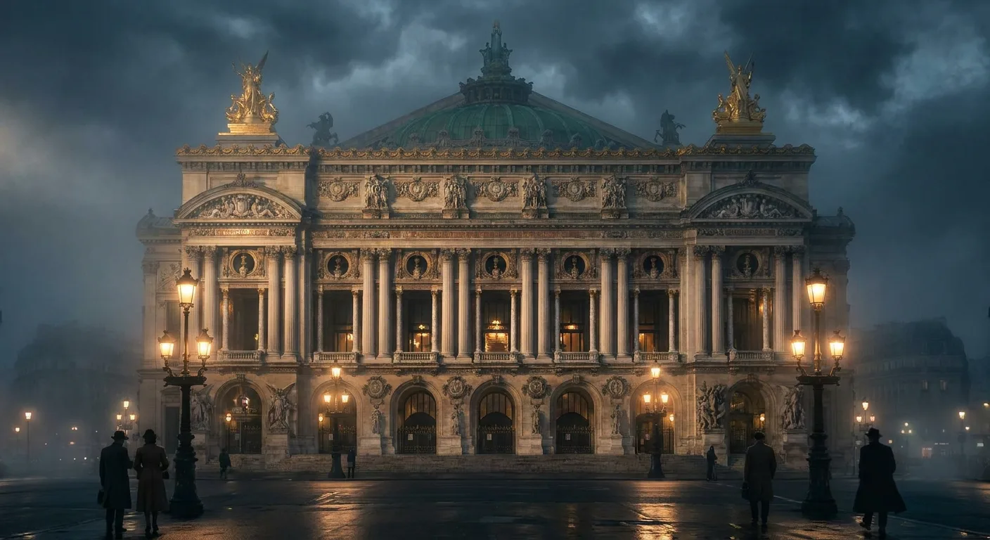 Illustration du Fantôme de l'Opéra, silhouette masquée dans les couloirs obscurs du Palais Garnier