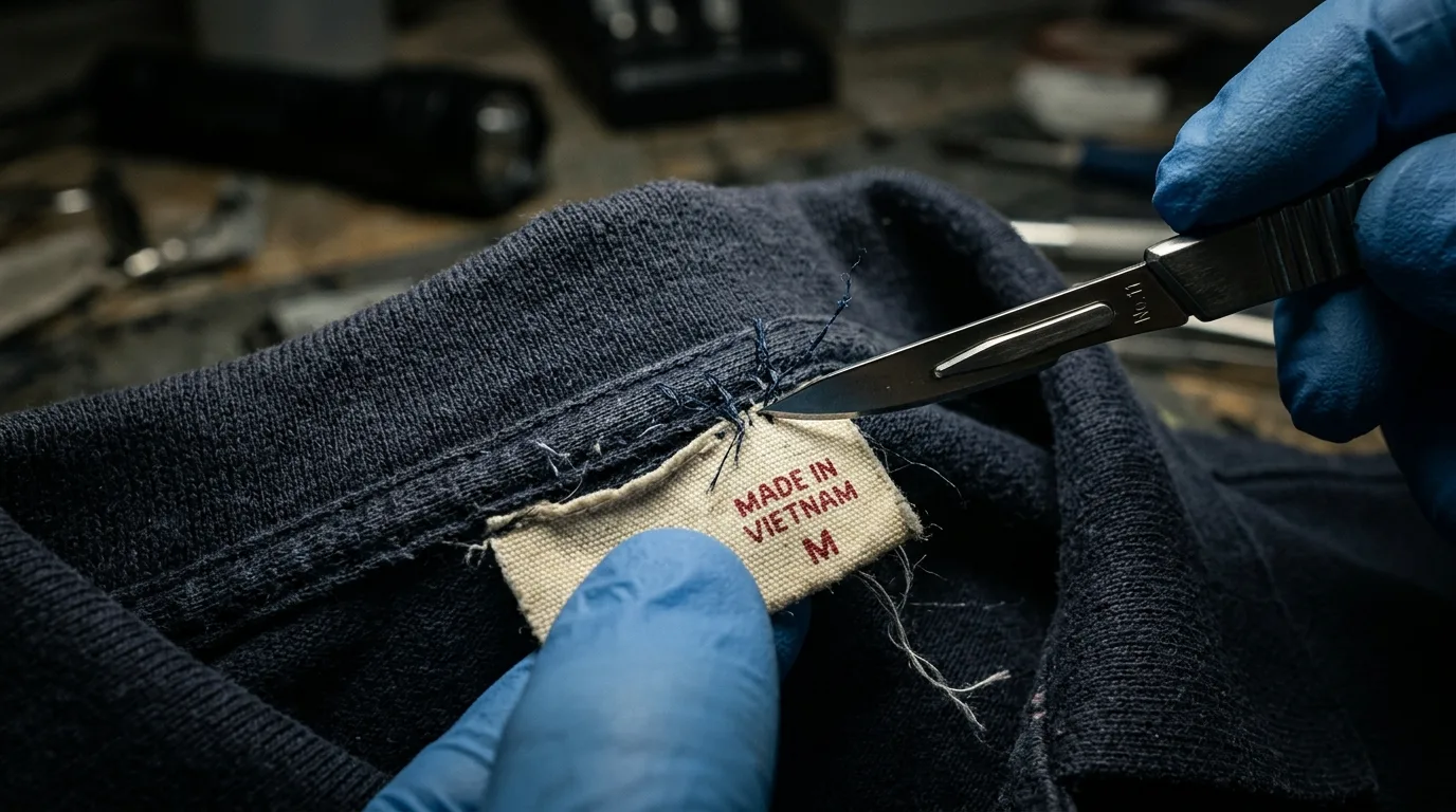 Vue rapprochée d'une étiquette vestimentaire découpée au ras du tissu