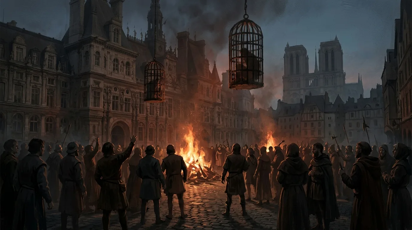 Cages de fer suspendues au-dessus des flammes sur la place de Greve a Paris au Moyen Age, execution publique