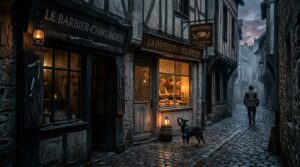 Scene medievale de la rue des Marmousets a Paris, un barbier et un patissier sanguinaires, un chien hurlant devant la boutique