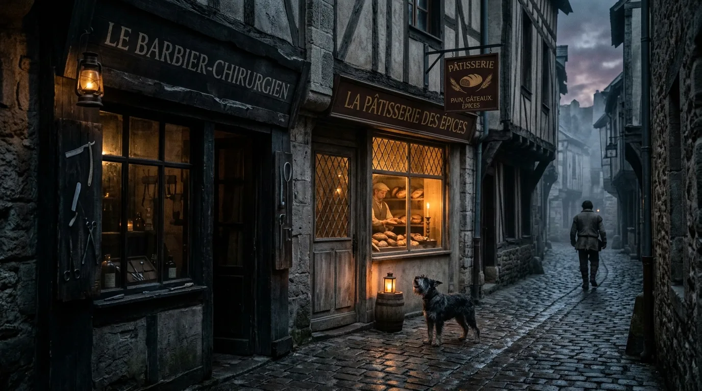 Scene medievale de la rue des Marmousets a Paris, un barbier et un patissier sanguinaires, un chien hurlant devant la boutique
