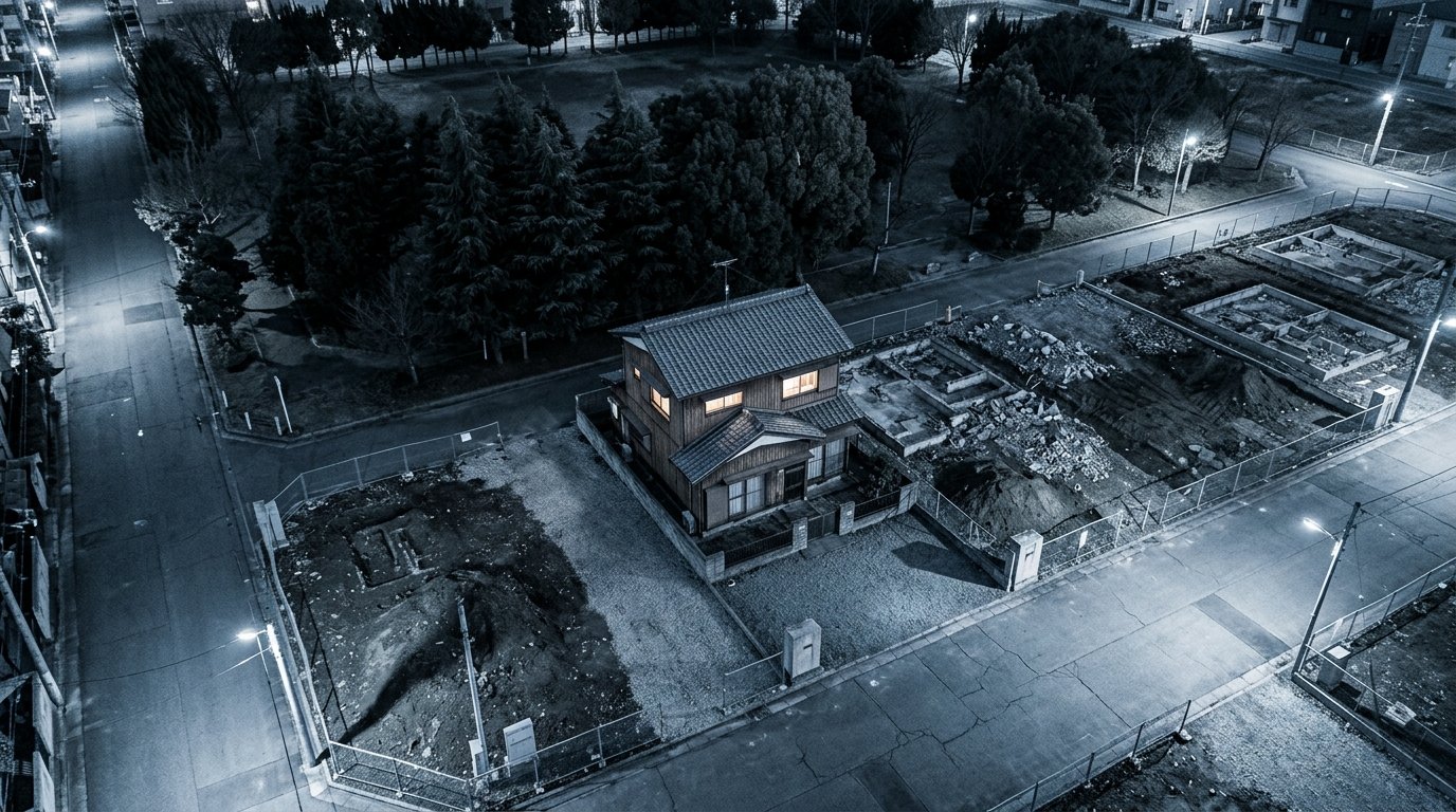 Vue aérienne du pavillon Miyazawa isolé en lisière du parc Soshigaya, photographie d'archive du TMPD