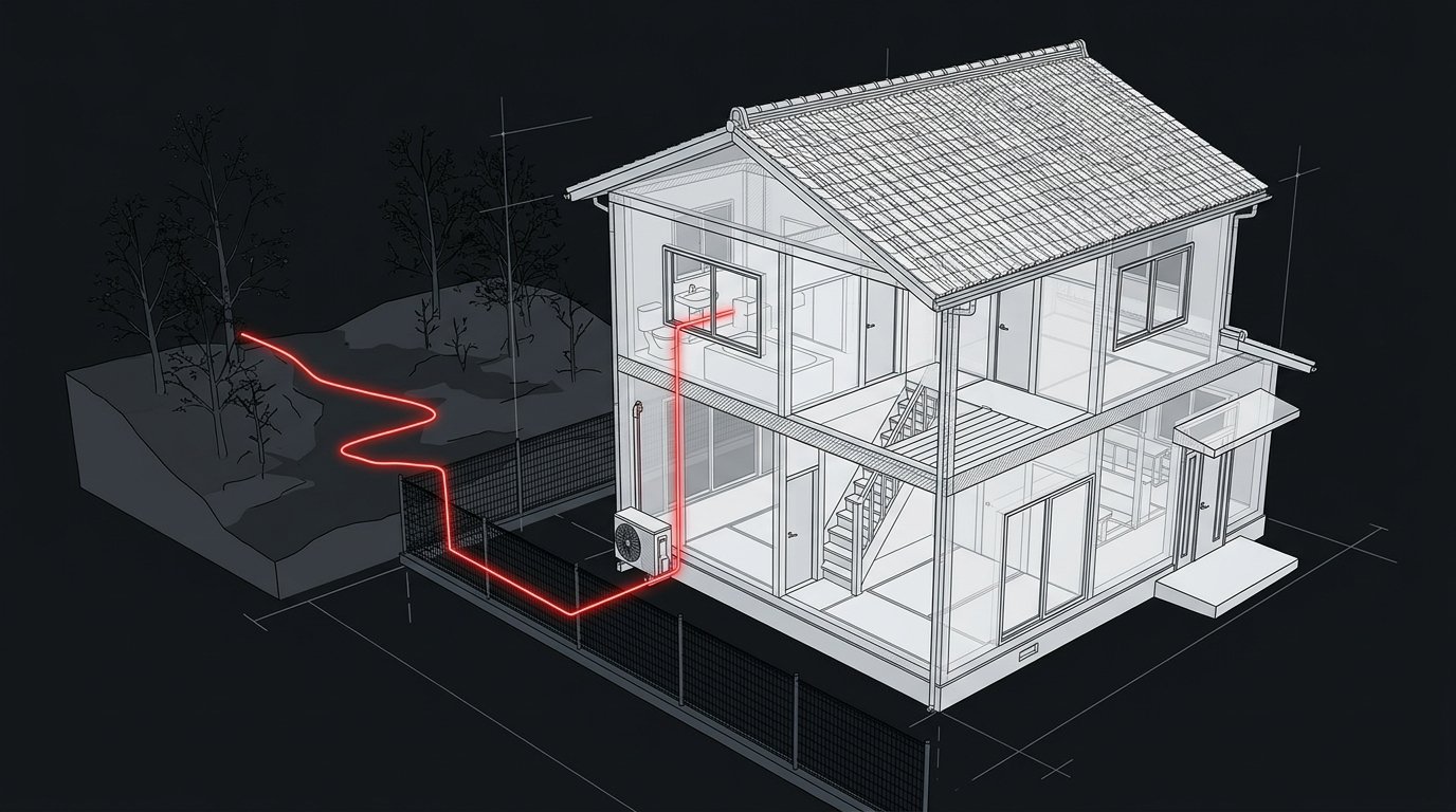 Reconstitution 3D du pavillon avec la trajectoire d'intrusion par la fenêtre de la salle de bains