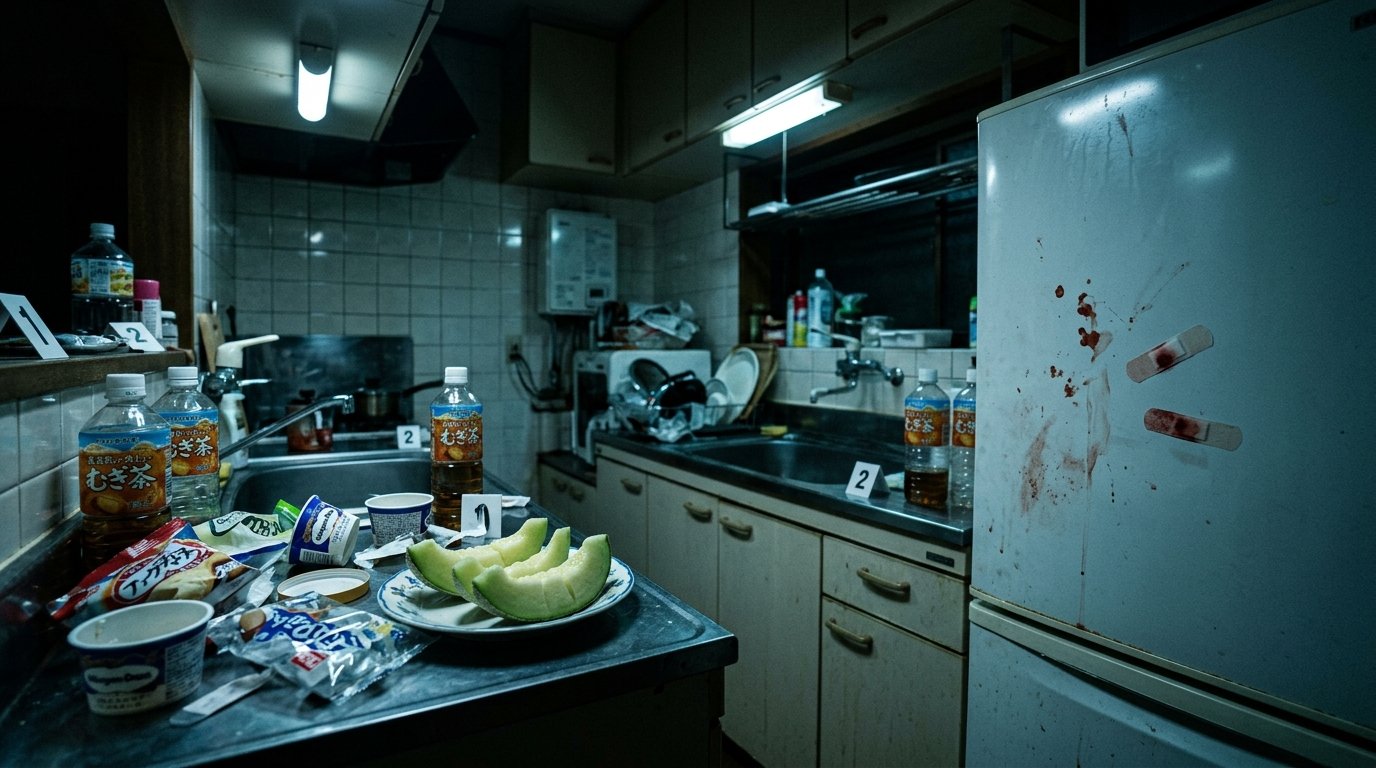 Photographie de la cuisine, emballages de glace abandonnés après le massacre