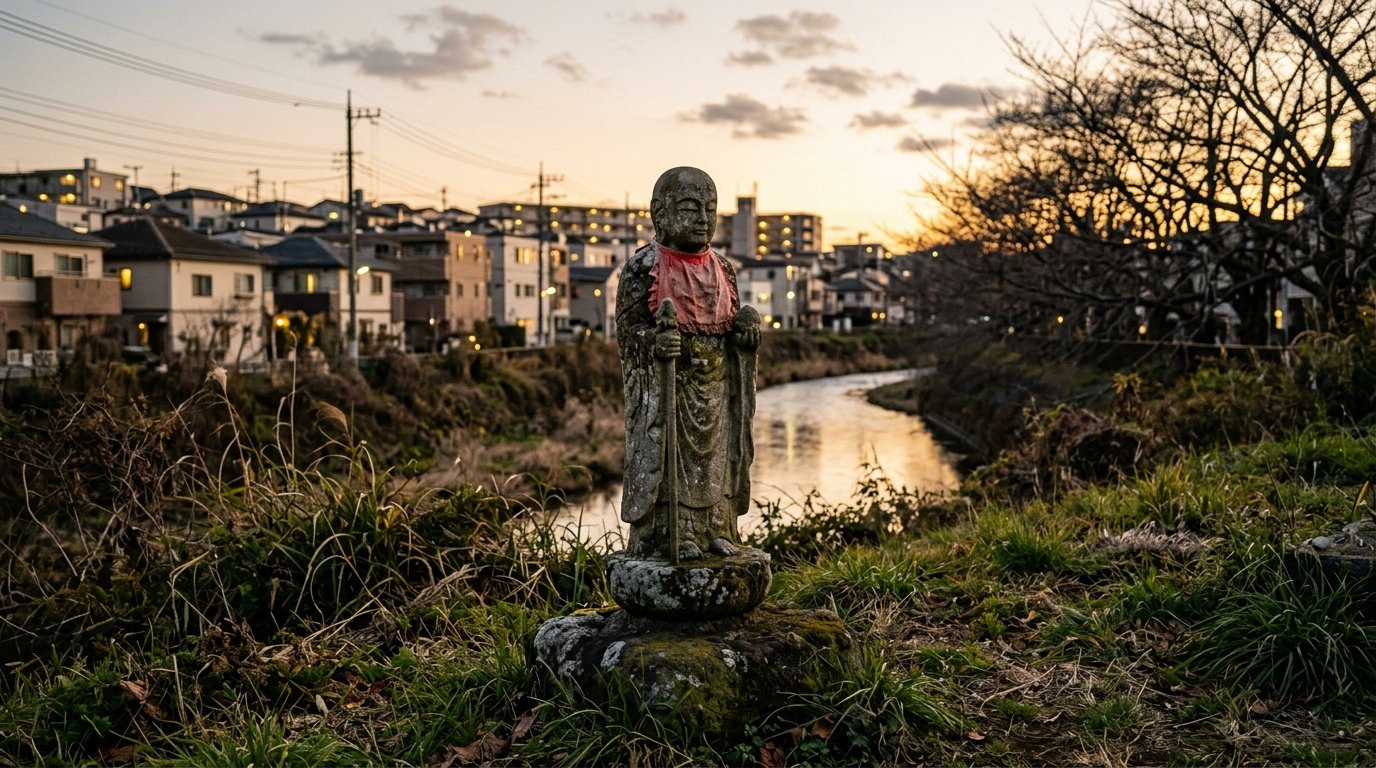 La statue de Jizo sur la berge de la rivière Sengawa, découverte 100 jours après le massacre